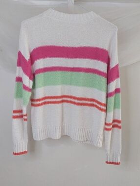 Northern Reflections White Striped Crewneck Sweater - Pink, Green, Orange Size M